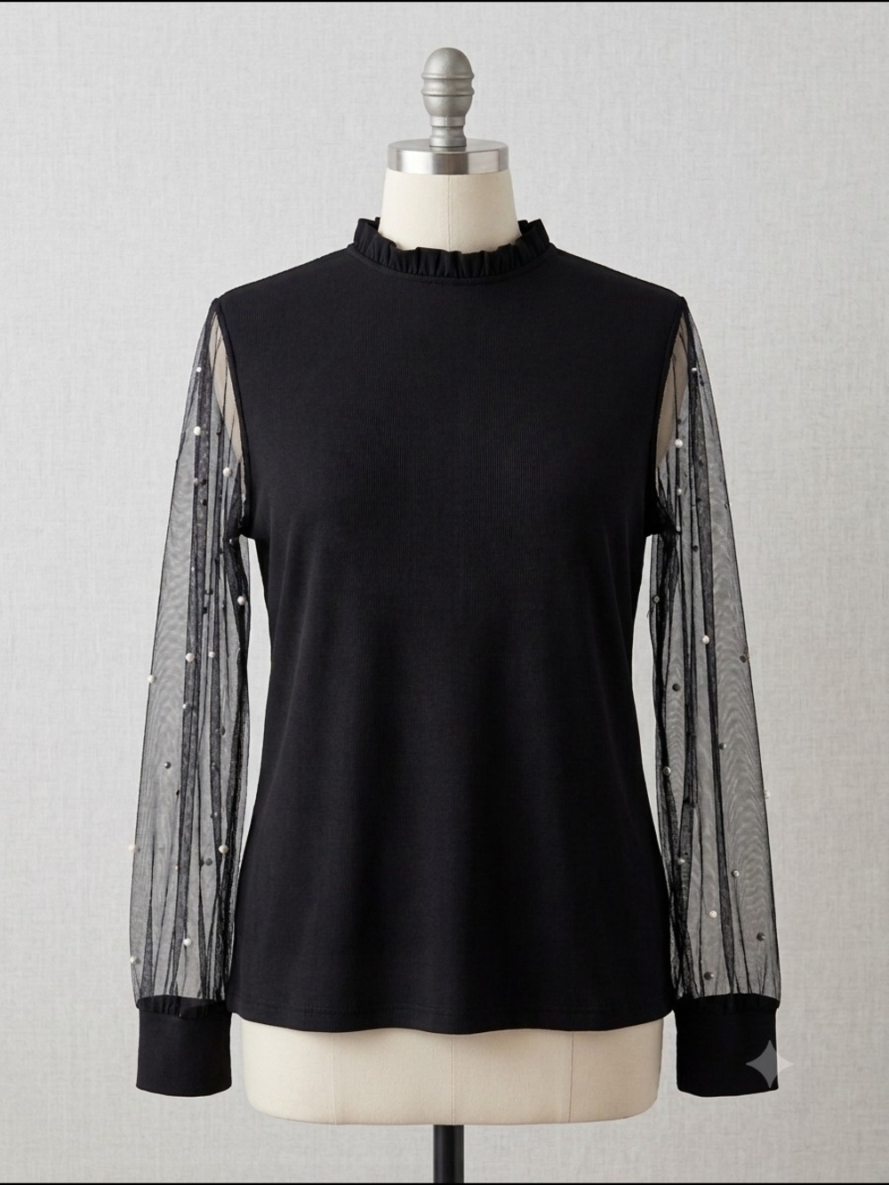 Black Mock Neck Blouse With Sheer Pearl-Sleeve Size XL NWT
